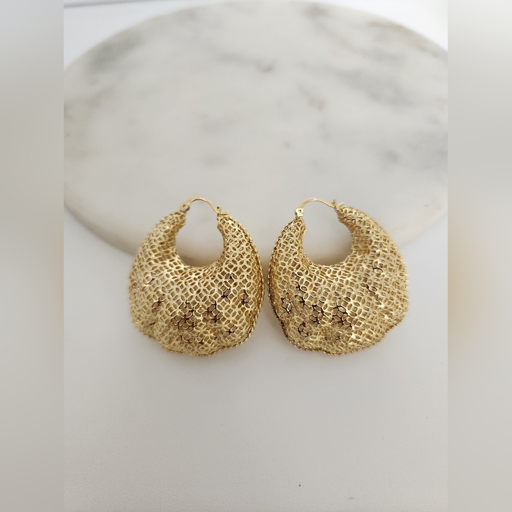 Textured 14K Gold Plated Crescent Mesh Statement Earrings - Picture 5 of 6